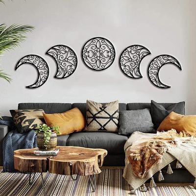 5Pcs Black Wall-mounted 3D Moon Phase Decorations Spiritual Wood Moon Design Natural Nordic Bedroom Adornment for Christmas Gift