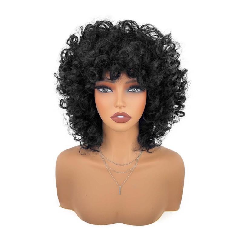 Womens Short Black Curly Wig African Fluffy Small Curls High-Temperature Fiber Synthetic