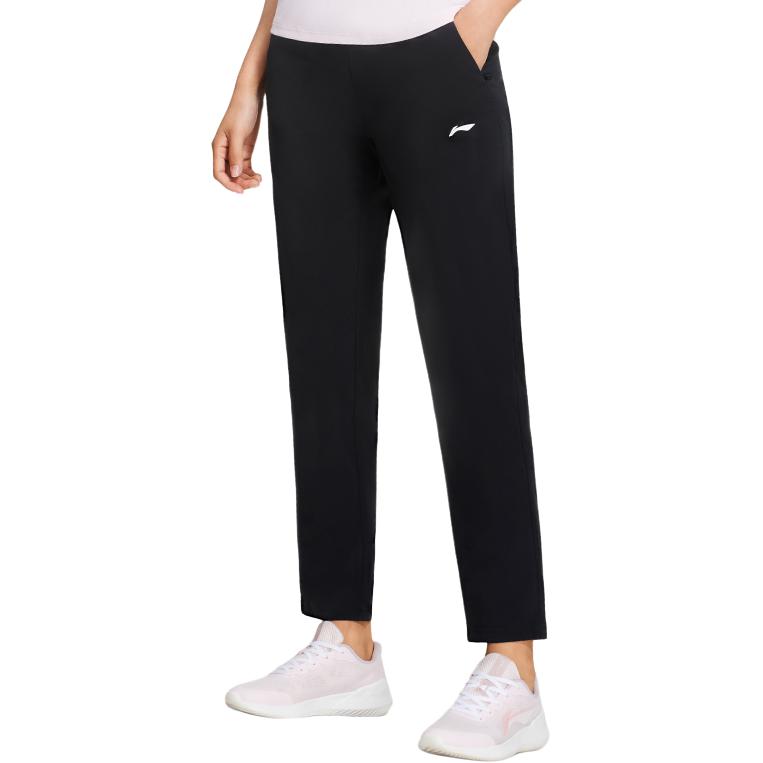 Li Ning Fitness Series Logo-Print Cool Schnelltrocknend Gerades Bein Gewebt Gestrickt Sporthose Damenhose Schwarz AYKS350-1