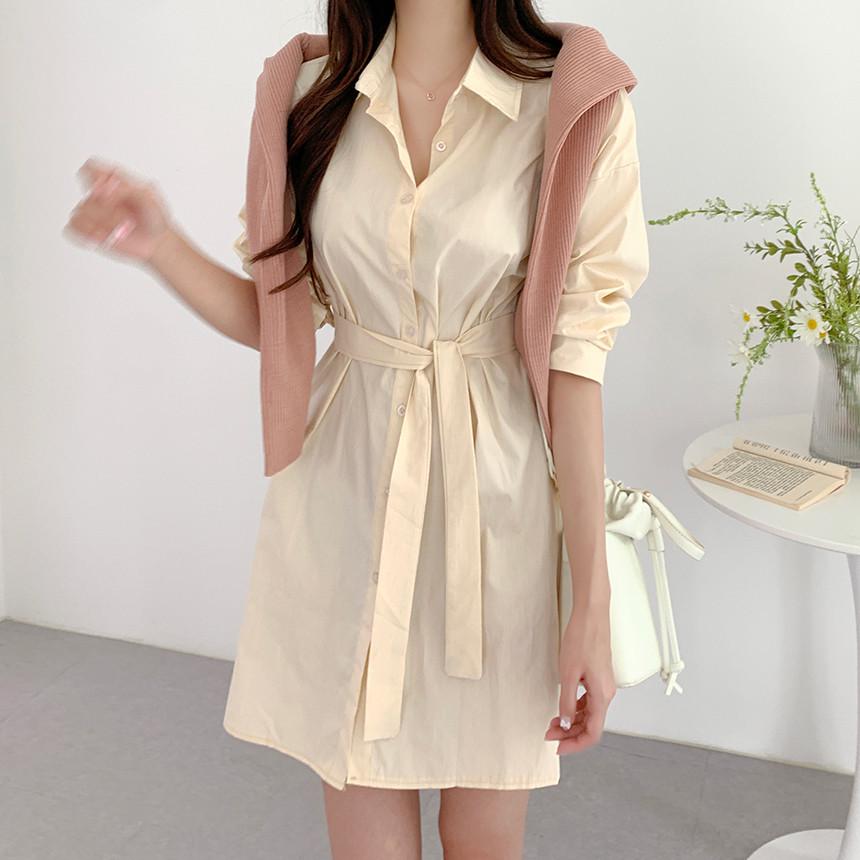 Korean Chic Lace-Up Shirt Dress for Women - Spring/Autumn Style One Size абрикосовый