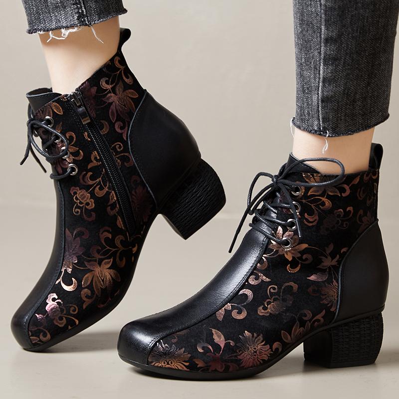 Fashion GKTINOO Genuine Leather Ankle Boots 2025 Winter New Ethnic Printed Women's Boots Soft Soles Thick Heels Mother's Leather Boots