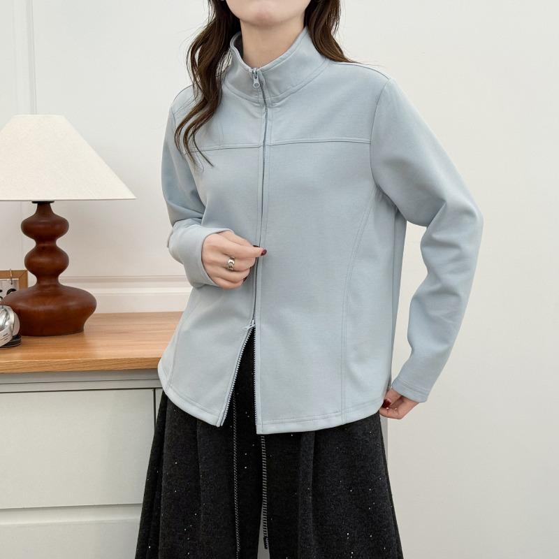 Women S Plus Size Stand Collar Double Zipper Casual Sweatshirt