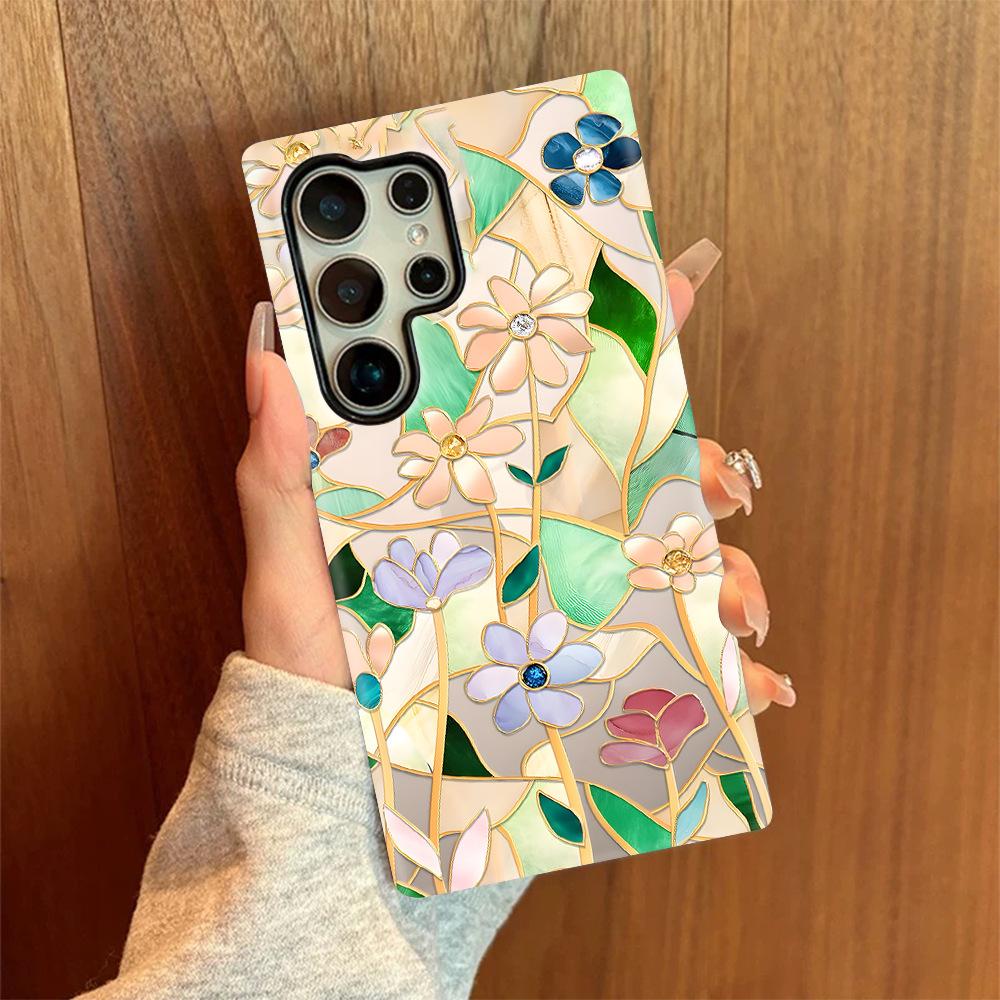 ins retro color glass flower Samsung S26Ultra mobile phone case anti-drop two-in-one film case S23 light luxury premium sense