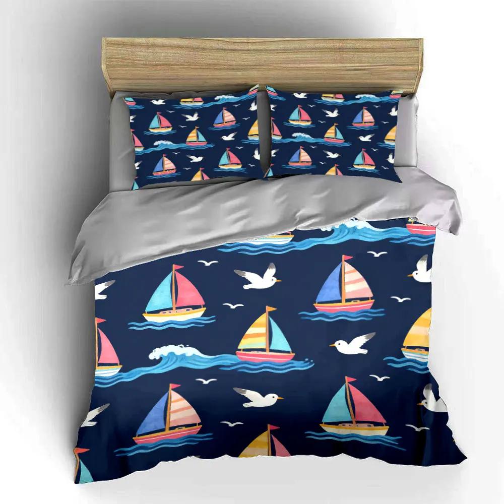 Sailboat Pattern Three-Piece Set Soft Comfortable Duvet Cover Bedding Set Included 1*Duvet Cover & 2*Pillowcases Gift