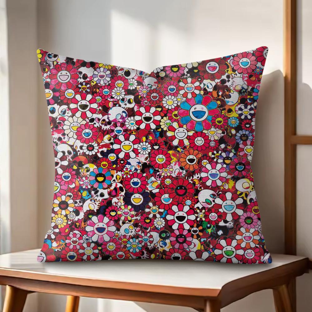 Art Sunflower MMurakamiTakashi Cushion Cover Natural Linen Organic Fabric DoubleSided Printing Couch Pillow Covers Home Decor