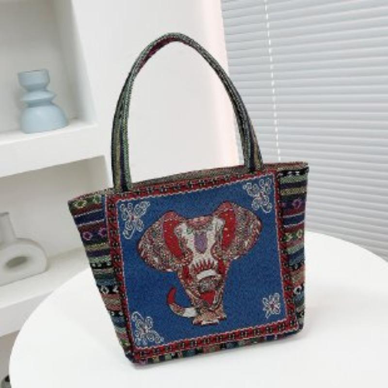 The Elephant Embroidery Double-sided Hand Shoulder Bag Is Versatile with Jacquard Patterns