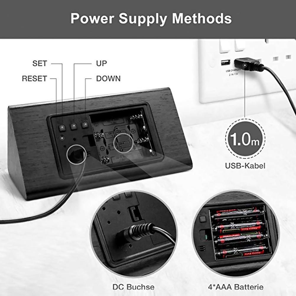 Digital Clock Wooden Electronic LED Time Display Temperature and Humidity Detect Clock for Bedroom