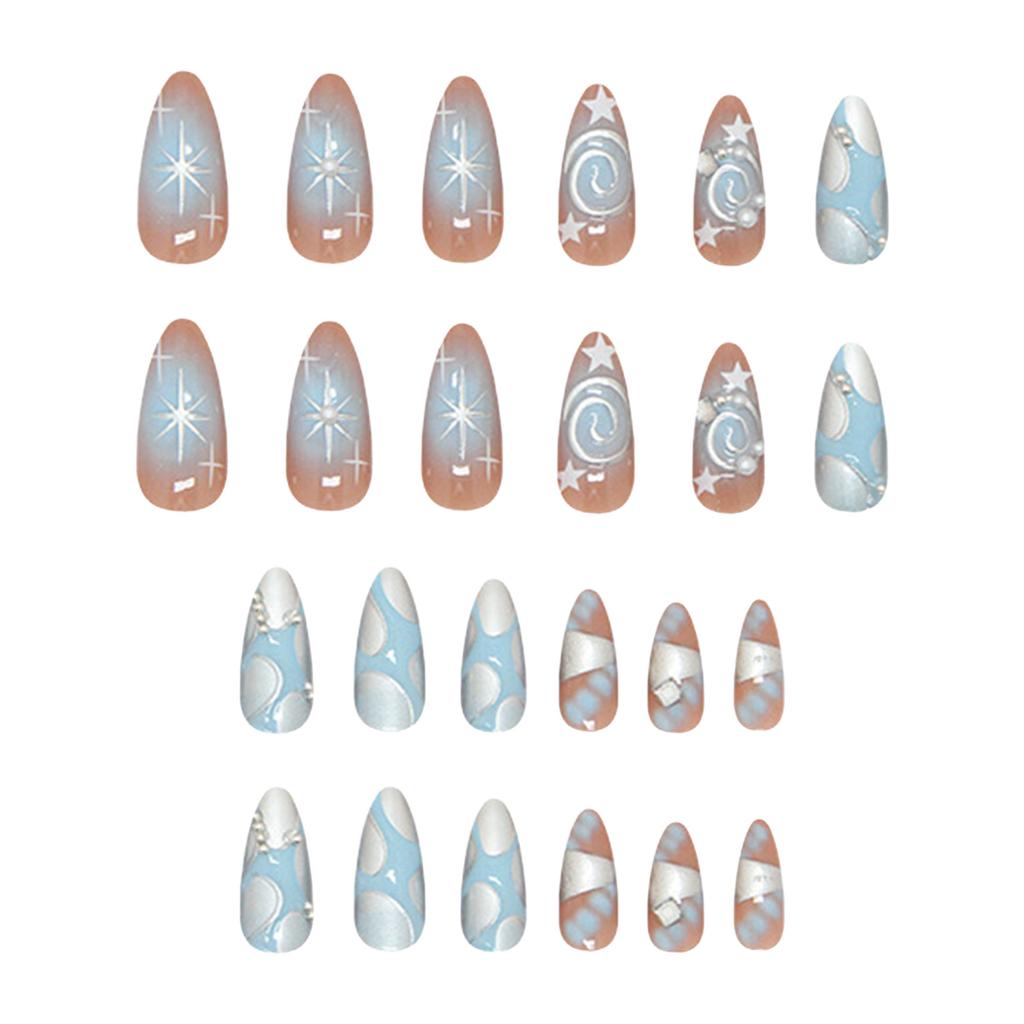 24PCS Blush Blue Fake Nails with Star Printed Chip-Proof Smudge-Proof Fake Nails for Fingernail DIY Decoration