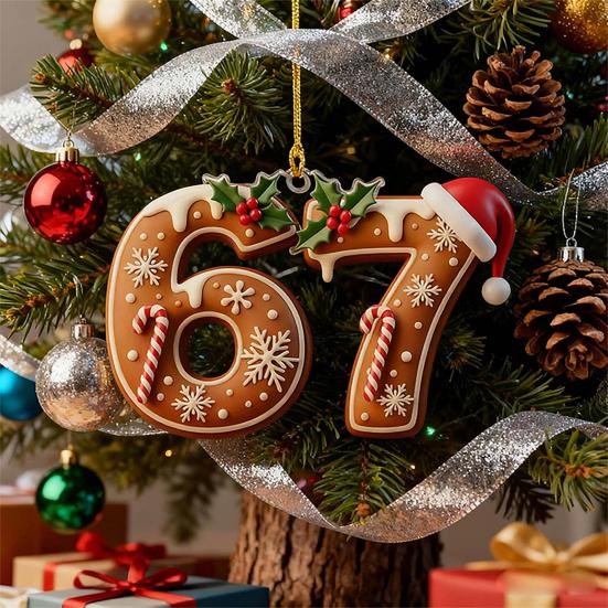 2 Pcs 67 Christmas Ornaments Funny Six Seven Gingerbread Hanging Ornament Acrylic Holiday Tree Decor Gift for Teens Kids Family Friends Coworkers