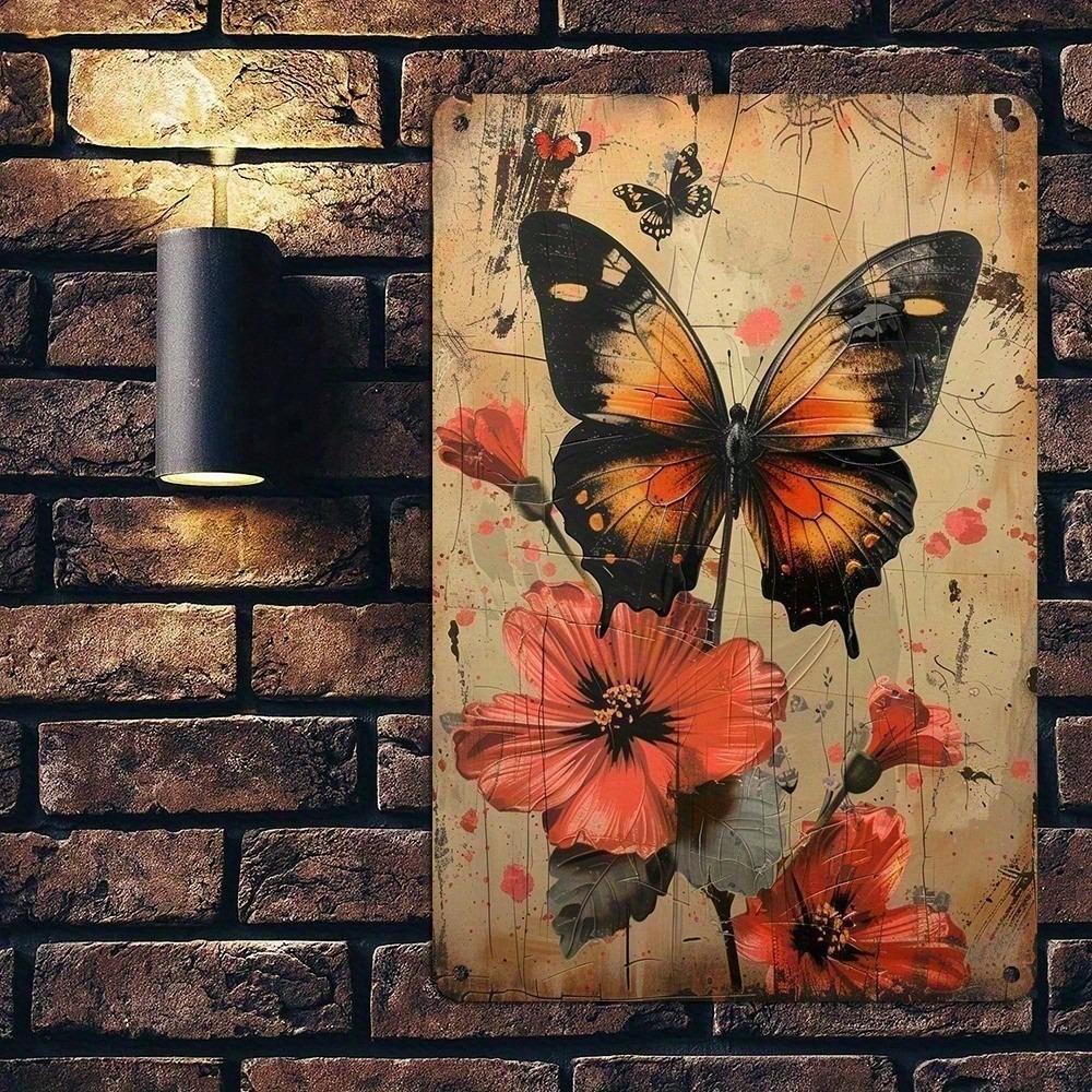 Vintage Butterfly Metal Tin Sign, Retro Wall Art Aluminum Plaque for Home Garden Bedroom Living Room Decor, Pre-Drilled Holes
