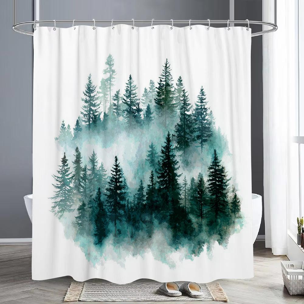 Misty Forest Scenery Shower Curtain, Bathtub Bathroom Decorative Shower Curtain, Waterproof Shower Curtain With Hooks