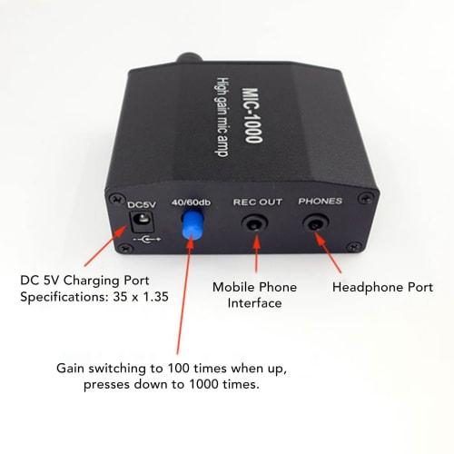Compact Microphone Amplifier with 1000x Amplification, 3.5mm Headphone Interface, and Mobile Recording