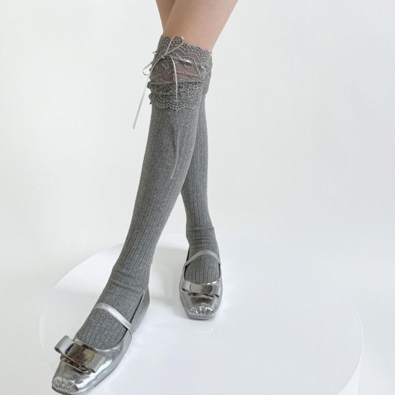 Ribbed Knit Striped Over Knee Long Socks for Women Japanese Student Sweet Bowknot Lace Splicing Thigh High Stockings