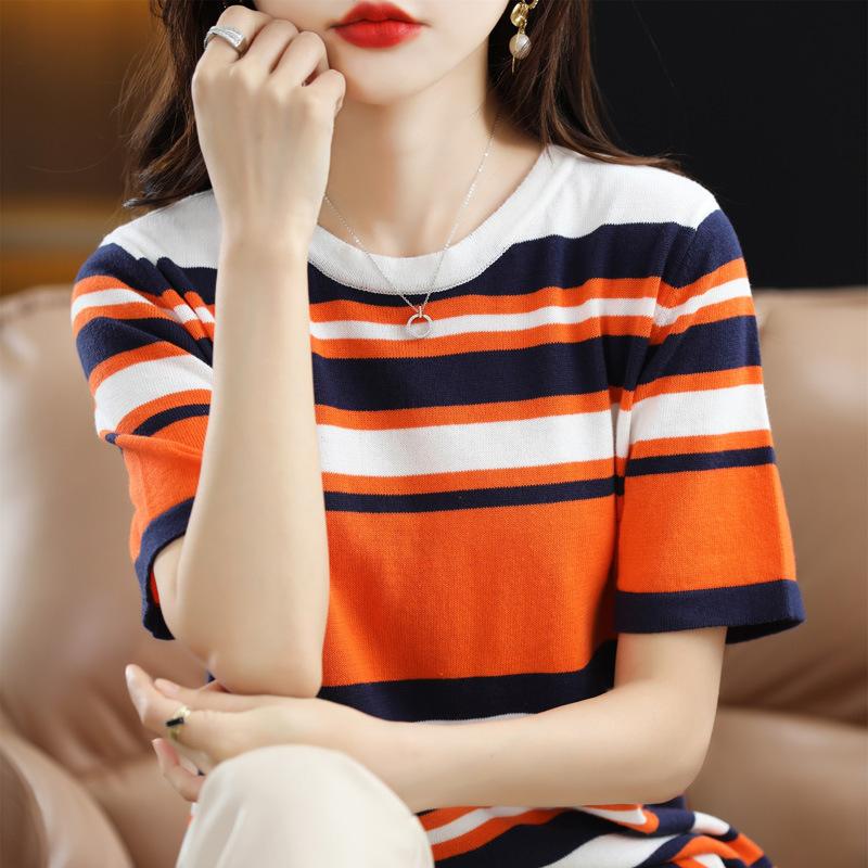 Round Neck Striped Knitted Short-sleeved Summer New Style Loose and Slim and Fashionable Versatile Round Neck Short-sleeved Top