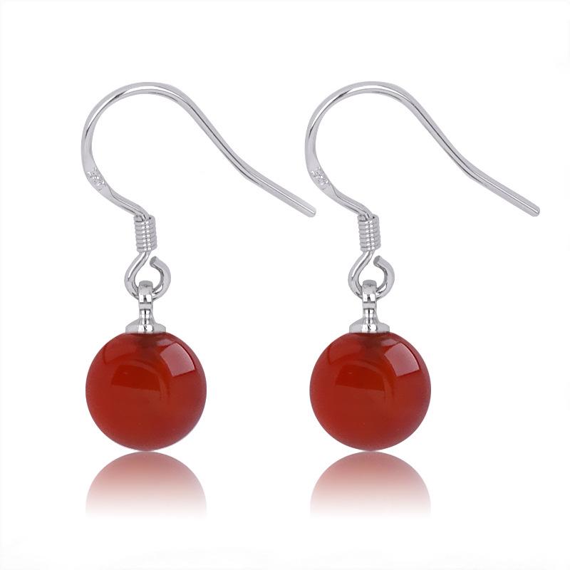 Korean Style Red Agate Rhinestone Dangle Earrings in Retro Silver Design