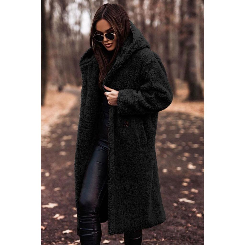 Damen Herbst- und Wintermode Wollmantel Einfarbig Locker Langärmlig Lässig Woll-Kapuzenmantel mit Einzelknopfleiste