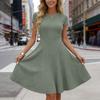 Women's Ribbed Knit Short Sleeve Round Neck Midi Dress Casual Swing Fit a Line Sundress