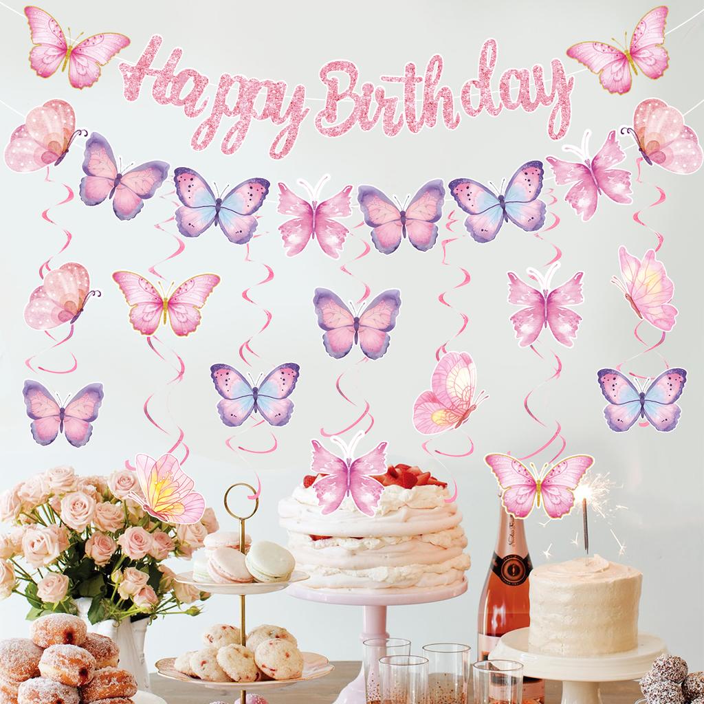 Butterfly Banner Spiral Set Happy 1st Birthday Party Decorations Kids Girls Favors Gifts Spring Butterfly Theme Hanging Pendant