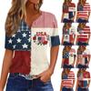 Women's Fashion Casual Independence Day Print V-Neck Short Sleeve Button-Up T-Shirt Top