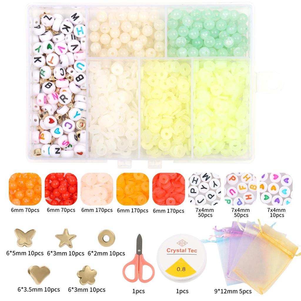 1set 6 Grid 6mm Acrylic Bead Letter Kit Flat Circular Transparent Polymer Clay Bead for Jewelry Making Kit with DIY Bracelet Necklace Elastic Rope Box