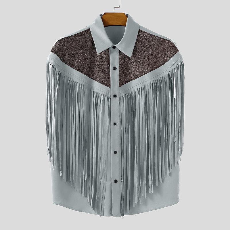 INCERUN Men Short Sleeve Glitter Tassel Patchwork Buttons Casual Tops T-shirts