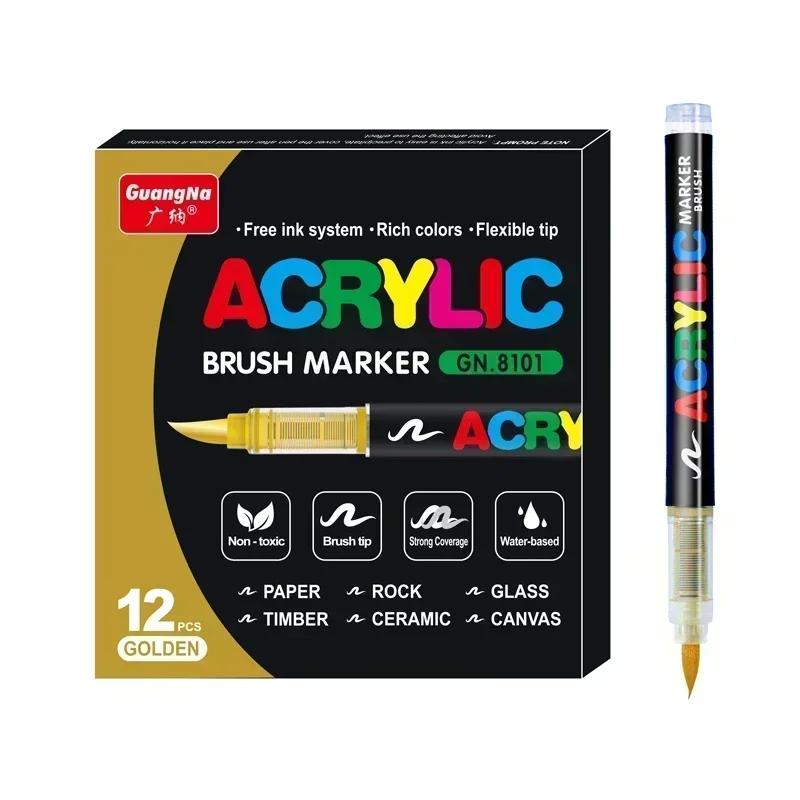 GUANGNA 168-12 Colors Acrylic Marker Pen for Rock Painting Brush Tip Paint Marker Christmas Markers Waterproof Art Supplies