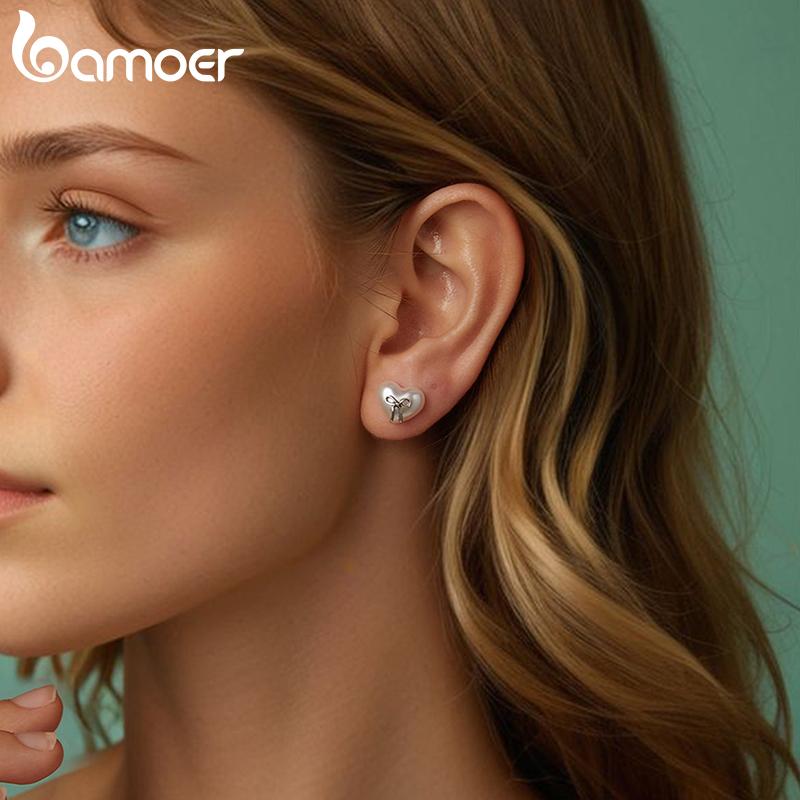 BAMOER 925 Sterling Silver Bow Heart Shaped Shell Pearl Stud Earrings, Minimalist Cute Studs for Women Fashion Jewelry Gift