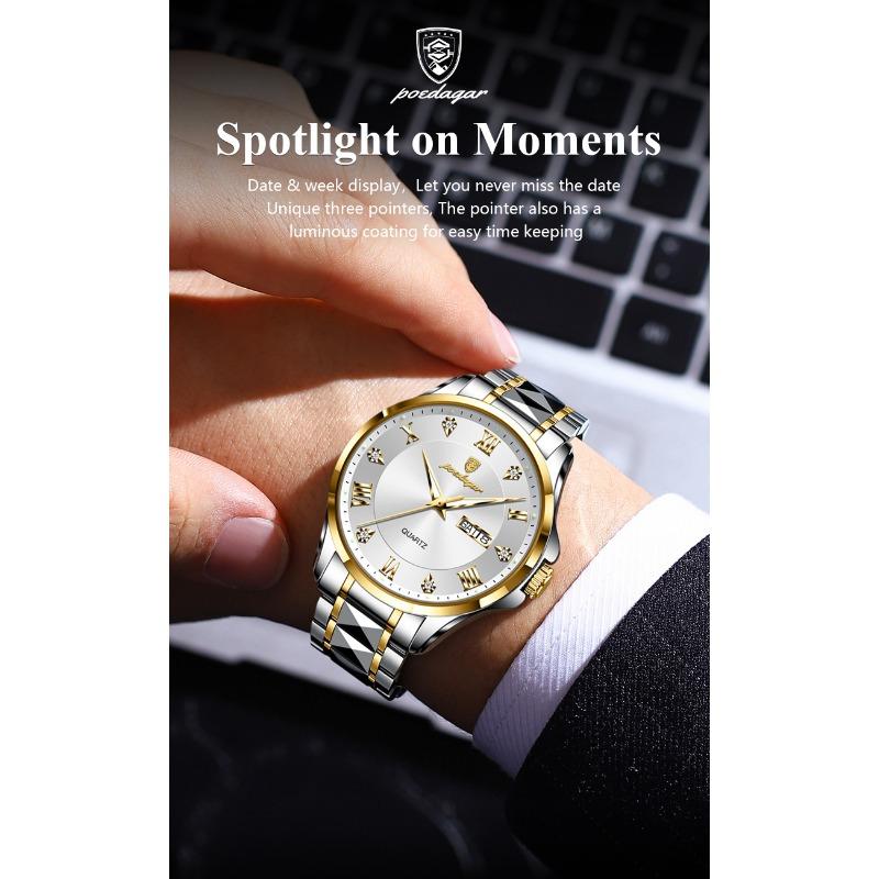 POEDAGAR Fashion Military Men Clock Waterproof Luminous Date Week Man Wristwatch Stainless Steel Quartz Watches Male Reloj