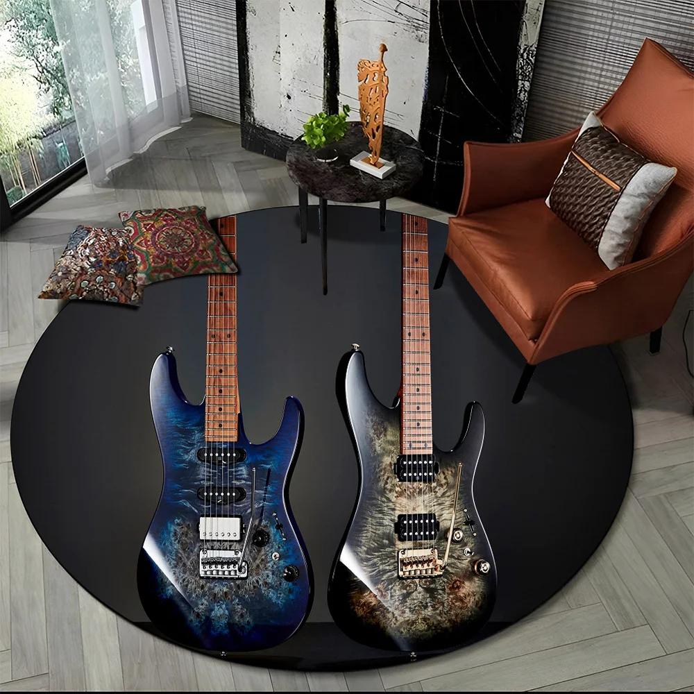 Elektrische Gitarre Klassische Gitarre Runder Teppich für Wohnzimmer Schlafzimmer Kinderzimmer Dekoration, Haustierbereich Teppich Rutschfeste Bodenmatte