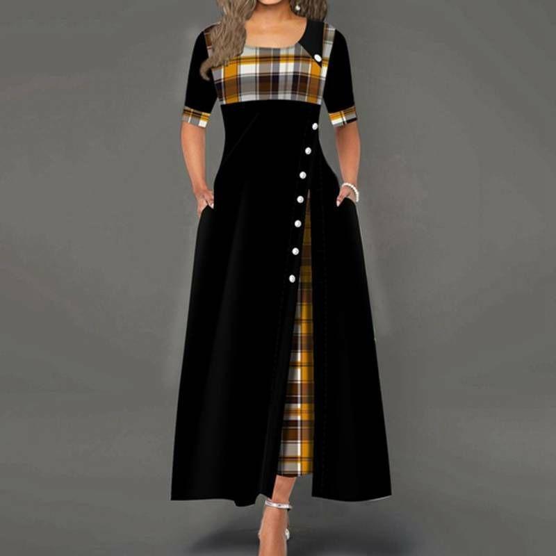 Casual Women Irregular Plaids Button Maxi Dress Half Sleeve Plus Dress Size