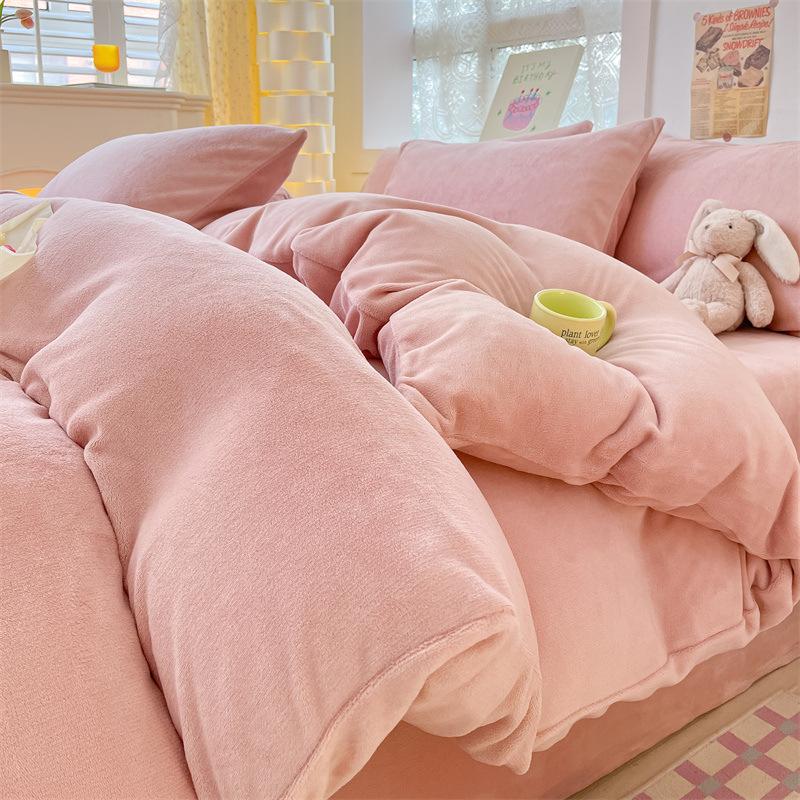 Thickened Milk Fleece Four-Piece Set, Solid Color Coral Fleece Bed Sheet Quilt Cover, Fleece Bedding Three-Piece Set