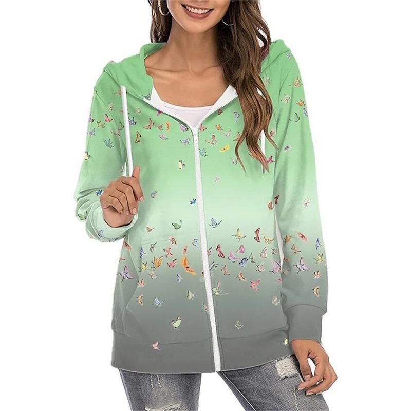 Women Fashion Loose Casual Thin Zip Up Hoodie Jacket Drawstring Printed Long Sleeve Sweatshirts Autumn Winter Female Blouse