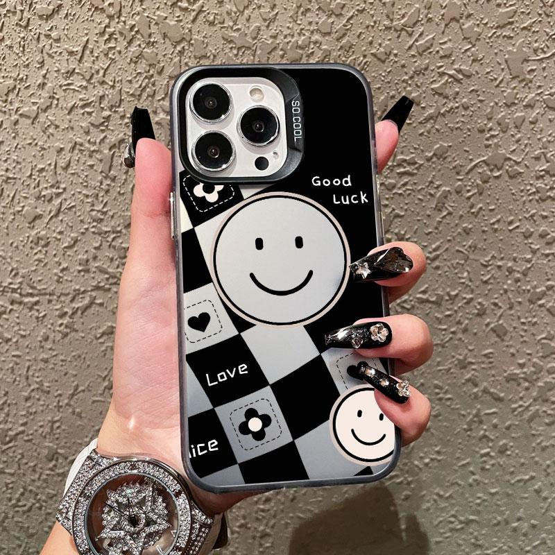 Black And White Plaid Print Smiling Face Laser Phone Case for iPhone 15 14 Pro Max Plus 16 17 Pro Max 13 12 Mini 11 Pro Max Case