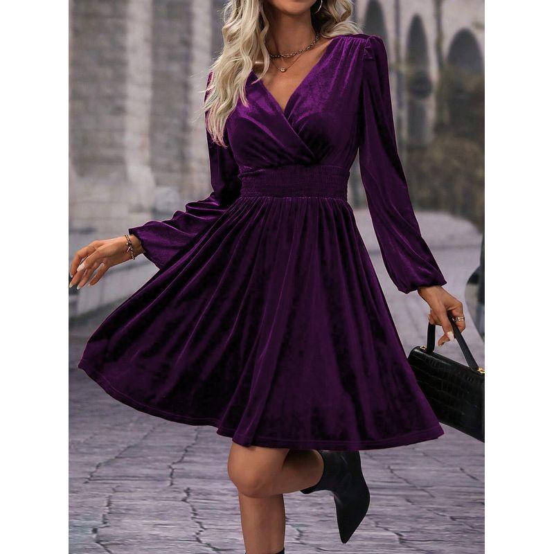 

Autumn New Western Style Fashion Commuter Ol Green Waist Hugging Slimming Bubble Long sleeve dress Dinner Formal Dress 5 Dark Purple M