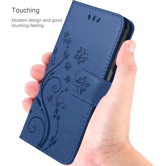 Coque et Verres Trempés Pour Xiaomi Redmi 14C - Protection Antichoc - Motif Papillon - Cuir PU Bleu Marine