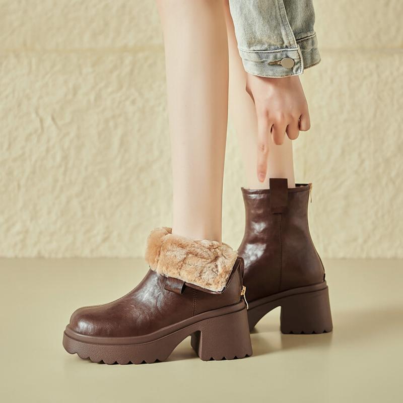 Fashion NEW Winter Women Boots Split Leather Shoes for Women Round Toe Chunky Heel Shoes Casual Zip Platform Shoes Warm Wool Snow Boots