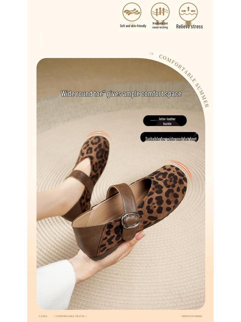 2025 Autumn Retro Korean Leopard Print Sheepskin Mary Janes with Hidden Heel & Soft Sole