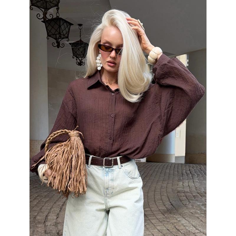 Women S Loose Lantern Long Sleeve Shirt Lapel Button Thin Sun Protection Cardigan