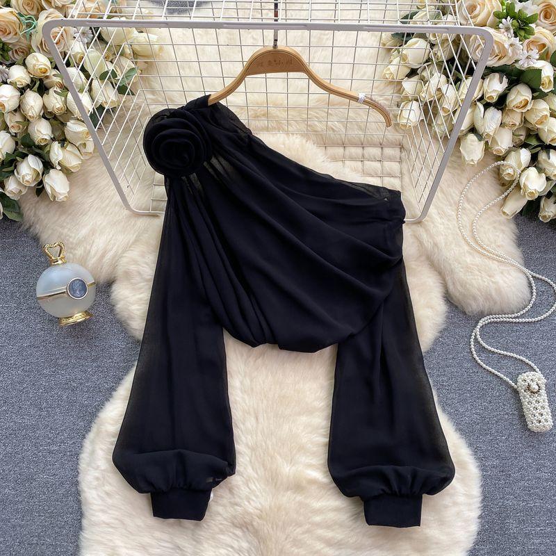 Shirt for Women 2024 New Design Sense Three-Dimensional Flower Diagonal Collar off-the-Shoulder Puff Sleeves French Tops Women's Spring Fashion