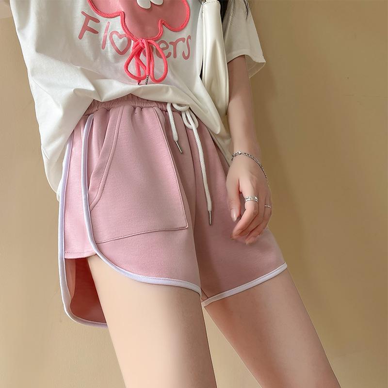 Women Summer Jogging Sports Solid Color Drawstring High-Waisted Wide-Leg Casual Shorts Pants