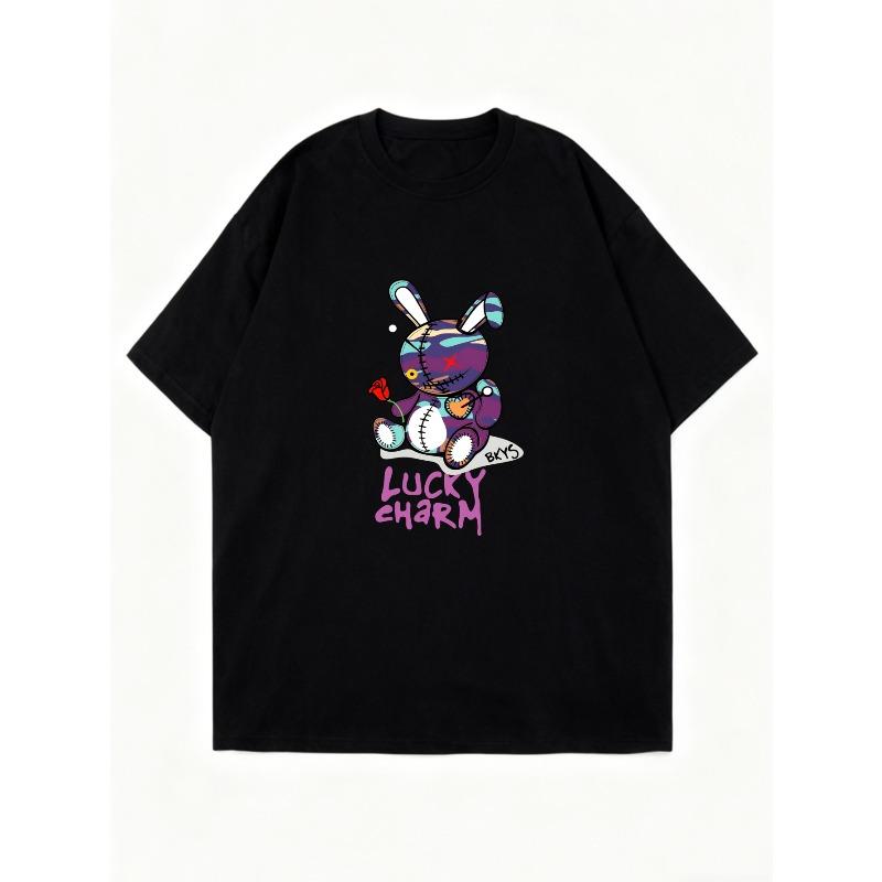 Oversized T-Shirt Black Lucky Charm Bunny Graphic And Text Print Casual Streetwear Fashion For Women