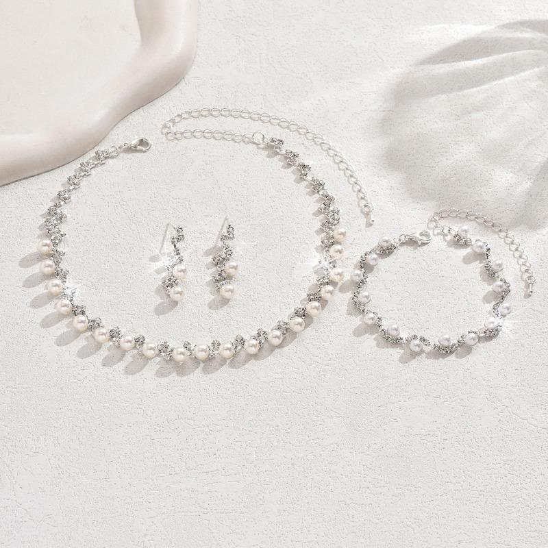 Super sparkling full diamond pearl necklace earrings suit bridal jewelry three-piece set