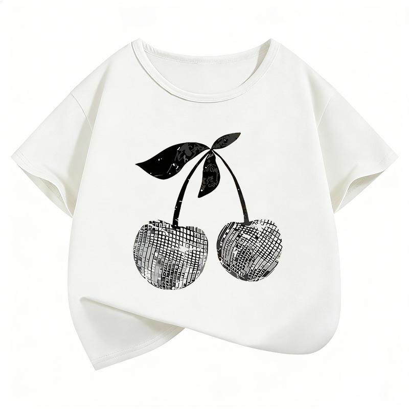 Girls Stylish Cherry T Shirts Short Sleeve Kids Childrens Tshirt Girls Summer Spring Casual Top Tee Shirt