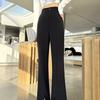 Black Flared Wide-Leg Pants High Waist Draped Petite Casual Slim Straight Floor-Length Split Suit Pants