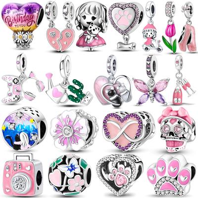 Pink Color Series Charms Beads Copper Cute Girl Pink Dangle Flower Heart Shape Pendant Fit Bangle Bracelet Necklace Jewelry