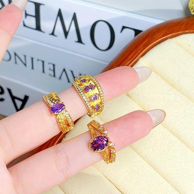 Medieval Vintage Purple Diamond Brushed Wide Edge Open Ring High Sense Light Luxury Fashion Geometric Zircon Ring Women