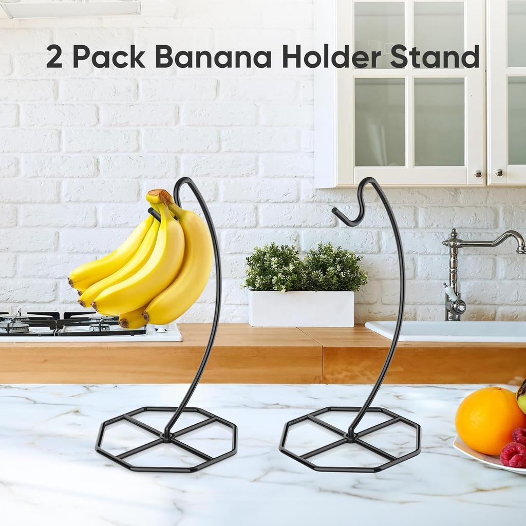 2 Pack Banana Hanger, Banana Tree Holder Metal, Banana Stand Holder, Holds Up to 15LB Banana or Grape, Banana Rack for Kitchen Counter, Black