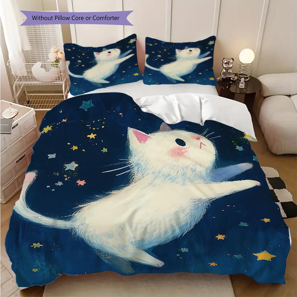 White Cat Pattern Bedding Quilt Set Quilt Cover Pillowcase Home Decoration Birthday Gift (1 * Duvet Cover + 2 * Pillowcase, Without Core)