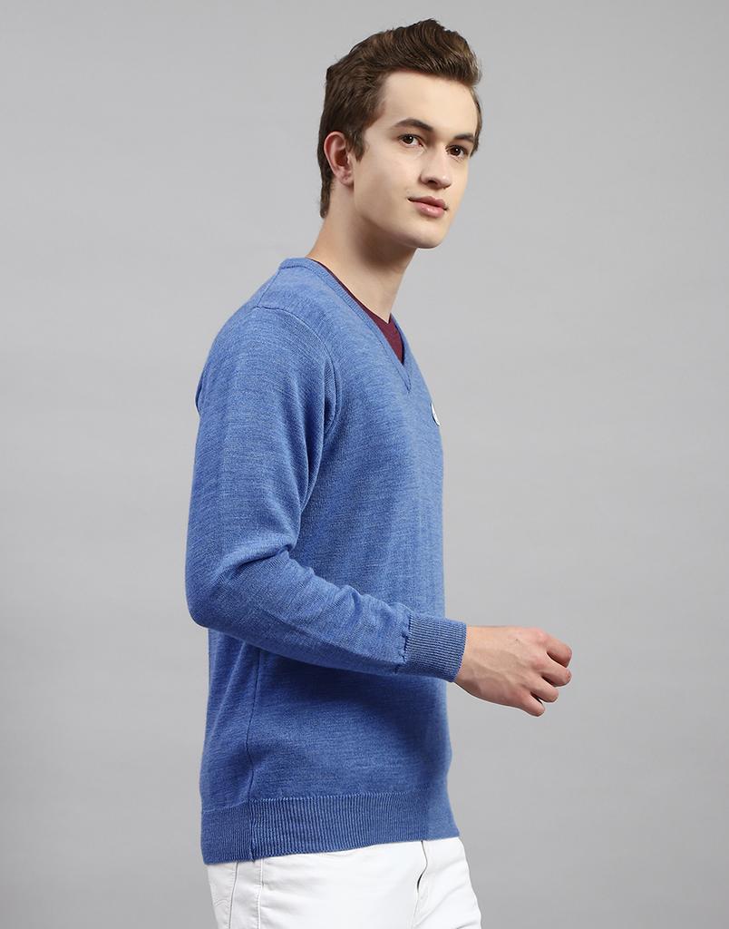 MONTE CARLO Mens Solid Blue V Neck Full Sleeve Pullover