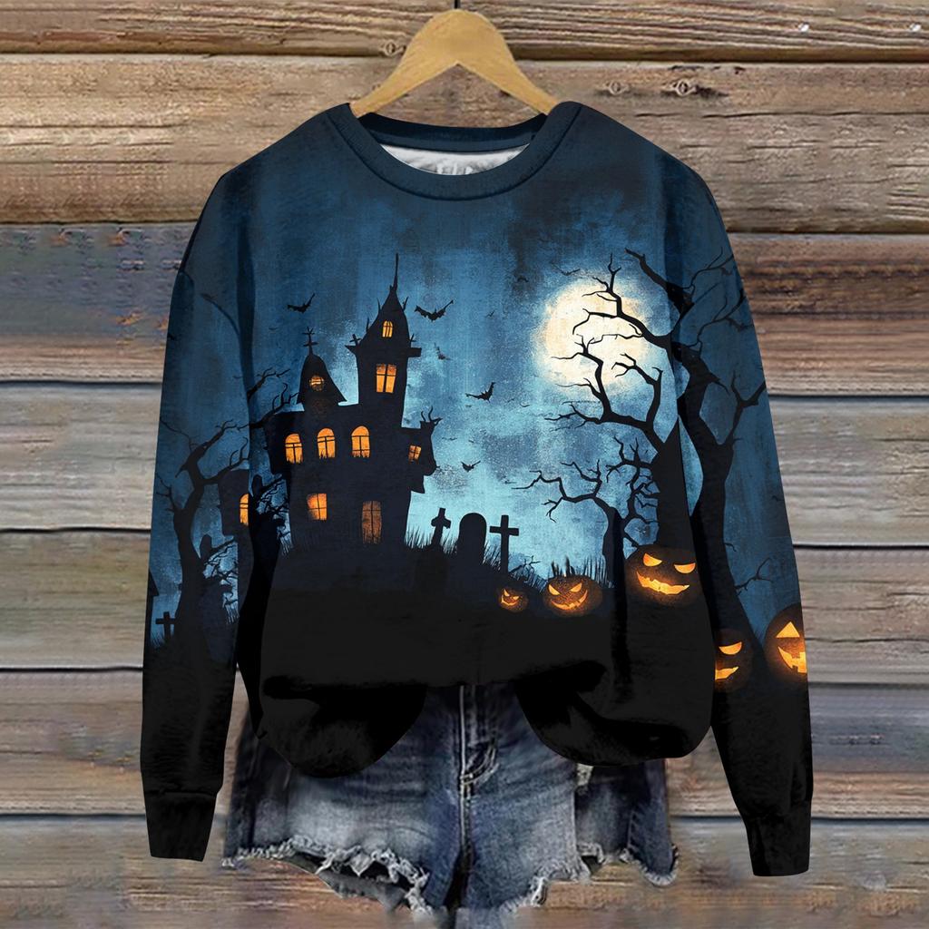 Women's Long Sleeve Halloween Print Neck Sweatshirt, Casual Relaxed Fit Pullover Top